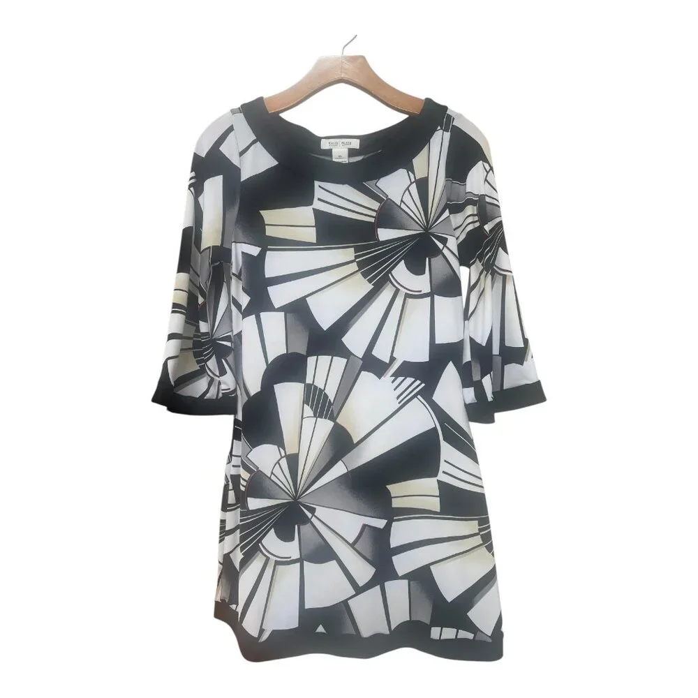 WHITE HOUSE BLACK MARKET Geo Abstract Beige Black Sexy Jersey Dress Size XS Y2K - Picture 2 of 8
